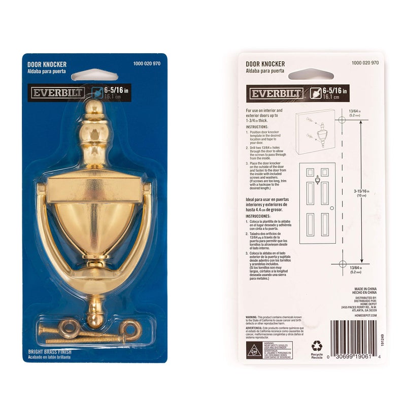 Everbilt 6-5/16 Inches Bright Brass Door Knocker - Steel Construction with a Decorative Finish - Heavy Duty Front Door Hardware with Screws - Image 4
